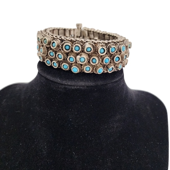 Rare Indian Antique Slivertone and Turquoise Necklace and Bracelet from 1950s - Picture 9 of 16